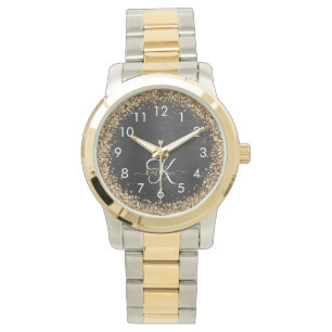 Reloj De Pulsera Monograma de espuma negra Purpurina de oro persona
