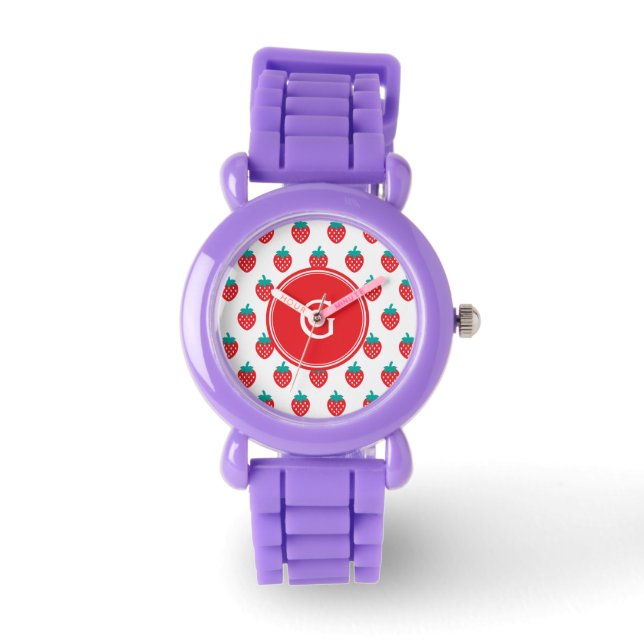 Reloj De Pulsera Monograma de estampado de fresa blanca y giratoria (Anverso)