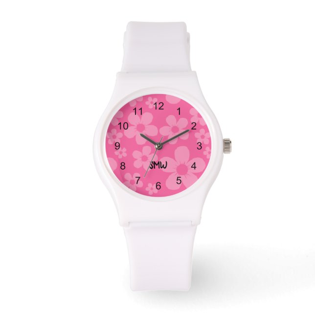 Reloj De Pulsera Monograma de flor rosa (Anverso)