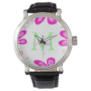 Reloj De Pulsera Monograma de flor rosa agregar letra de nombre hoj