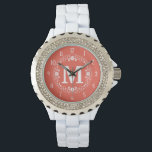 Reloj De Pulsera Monograma de floración blanca coral<br><div class="desc">Este hermoso reloj de pulsera es perfecto para añadir un toque de elegancia a tu armario. Se hace en un color coral suave con una guirnalda blanca de flores y puntos en un estilo esténcil, con números blancos para coincidir. Añade tu letra de monograma para personalizar. También se puede personalizar...</div>