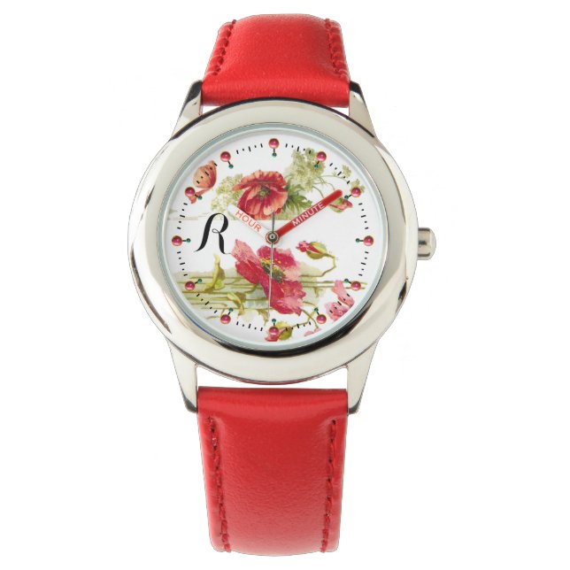 Reloj De Pulsera Monograma de floral blanca y roja (Anverso)