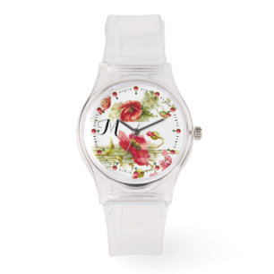 Reloj De Pulsera Monograma de floral blanca y roja