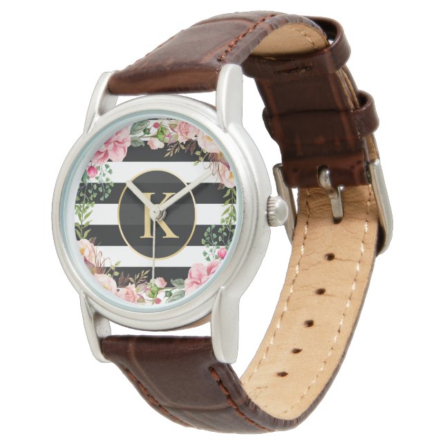 Reloj De Pulsera Monograma de franjas blancas negras envueltas flor (Angular)