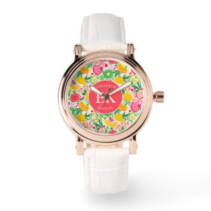 Reloj De Pulsera Monograma de Frutas Tropicales Patrón de Acuarela