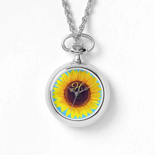 Reloj De Pulsera Monograma de girasol cielo azul inicial (Anverso)
