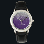 Reloj De Pulsera Monograma de Girly Glam Purpurina de Plata Púrpura<br><div class="desc">Reloj de nombres de monograma con Purpurina de guion morado y plateado. Esto hace que el dulce perfecto cumpleaños 16,  boda,  ducha de novia,  aniversario,  ducha de bebé o fiesta de soltera sea regalo para alguien que ama el lujo glam y los estilos de moda.</div>