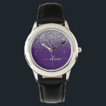 Reloj De Pulsera Monograma de Girly Glam Purpurina de Plata Púrpura<br><div class="desc">Reloj de nombres de monograma con Purpurina de guion morado y plateado. Esto hace que el dulce perfecto cumpleaños 16,  boda,  ducha de novia,  aniversario,  ducha de bebé o fiesta de soltera sea regalo para alguien que ama el lujo glam y los estilos de moda.</div>
