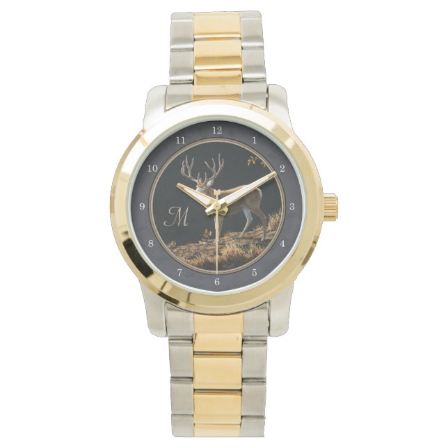 Reloj De Pulsera Monograma de Gris de carbón de Mule Deer Buck (Anverso)