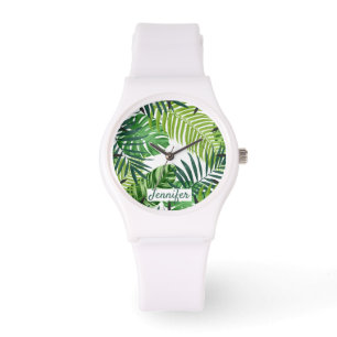 Reloj De Pulsera Monograma de Hojas Tropicales Verdes