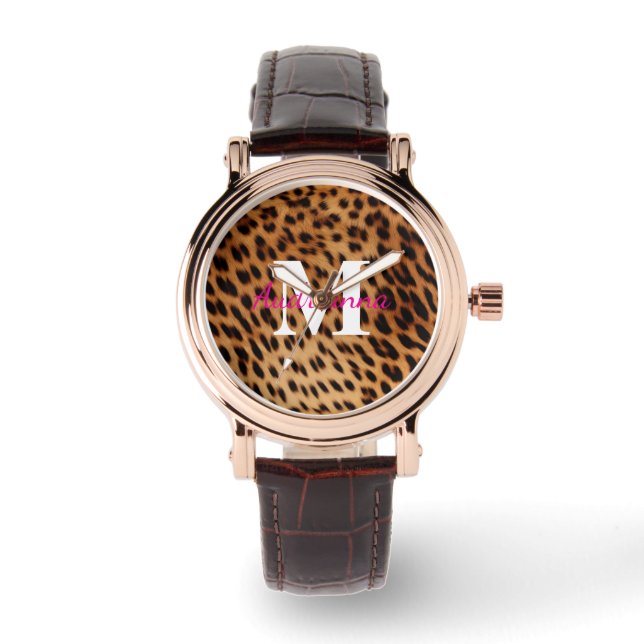 Reloj De Pulsera Monograma de impresión de animales leopardos (Anverso)