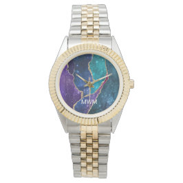 Reloj De Pulsera Monograma de las venas de oro azul morado Aqua