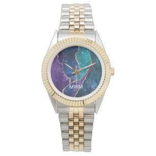 Reloj De Pulsera Monograma de las venas de oro azul morado Aqua