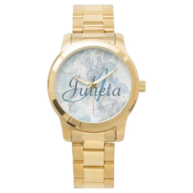 Reloj De Pulsera Monograma de lujo Rosas azules (Anverso)