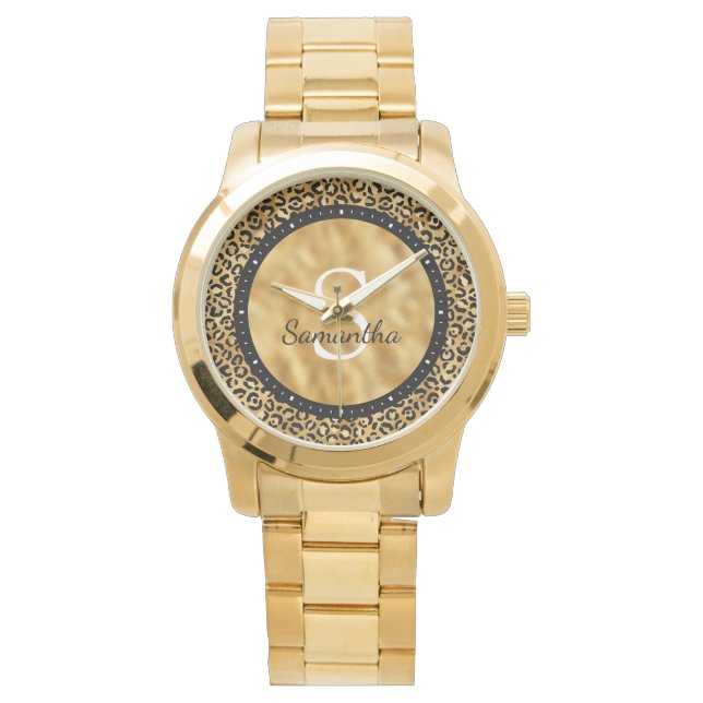Reloj De Pulsera Monograma de nombre de leopardo de Relieve metaliz (Anverso)