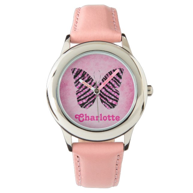 Reloj De Pulsera Monograma de nombre de mariposa rosa (Anverso)