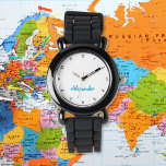 Reloj De Pulsera Monograma de nombres personalizados negros moderno<br><div class="desc">Personalizado, personalizado, niños chicos divertidos modernos y modernos moda elegante correa de silicona negra, funda de plástico, reloj de pulsera. Simplemente escriba el nombre, al personalizar. Adelante, crea un maravilloso reloj personalizado para el niño pequeño en tu vida - hijo, hermano, sobrino, nieto, ahijado, hijastro. Hace un gran regalo personalizado...</div>