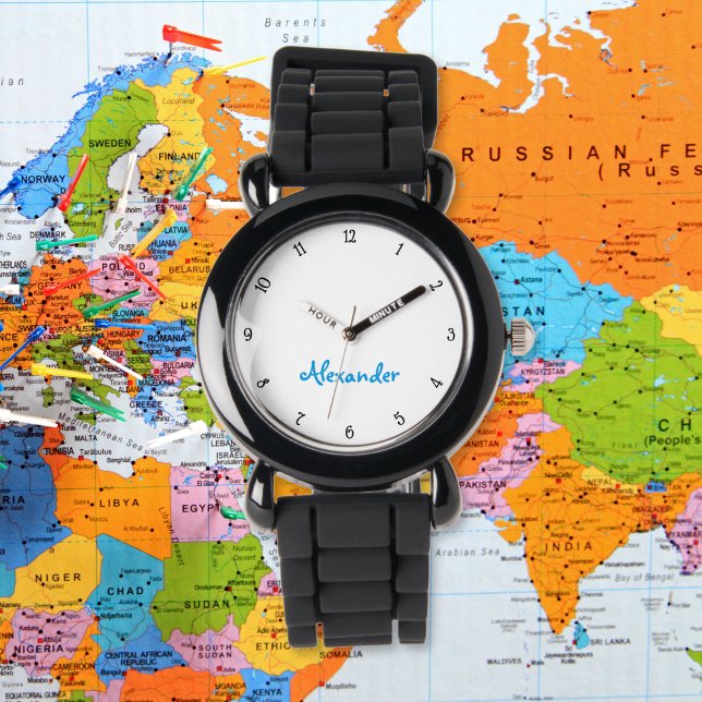 Reloj De Pulsera Monograma de nombres personalizados negros moderno (Kids Boys Fun Modern Black Custom Name Monogram Watch)