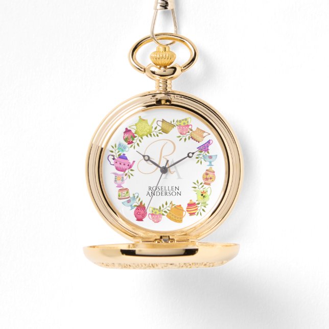 Reloj De Pulsera Monograma de ollas de té y tazas (Anverso)
