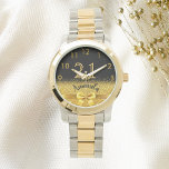 Reloj De Pulsera Monograma de oro negro de 21 años<br><div class="desc">Elegante, clásico, glamuroso y femenino. Una imitación de un arco y una cinta doradas, un poco de ostentación y lujo para un regalo de cumpleaños o un placer. Fondo negro. Plantillas para su nombre y la edad de 21 años. El nombre está escrito con una escritura de estilo con letras...</div>