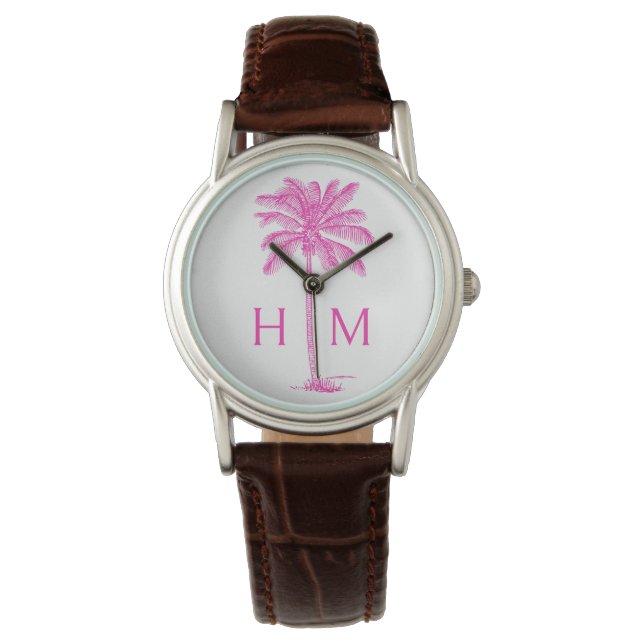 Reloj De Pulsera Monograma de palmetto rosa y blanco (Anverso)