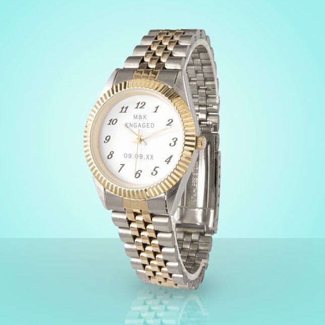 Reloj De Pulsera Monograma de pareja elegante compromiso (Give the gift of time for your engagement. Add your initials and date. Also works for an anniversary)