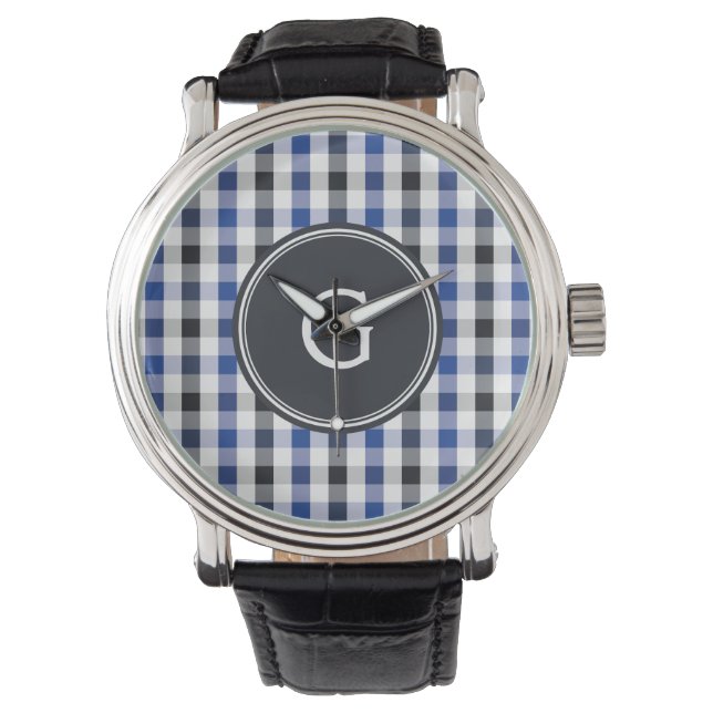 Reloj De Pulsera monograma de patrón de gingham negro azul preppy m (Anverso)