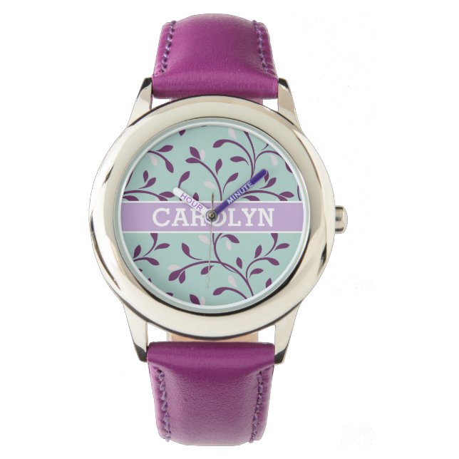 Reloj De Pulsera Monograma de patrón floral turquesa pastel (Anverso)