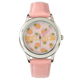 Reloj De Pulsera Monograma de patrones de piña de naranja rosa retr