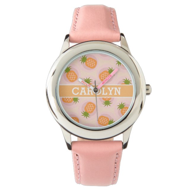 Reloj De Pulsera Monograma de patrones de piña de naranja rosa retr (Anverso)
