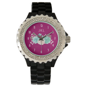 Reloj De Pulsera Monograma de Personalizado pastel con flores rosas