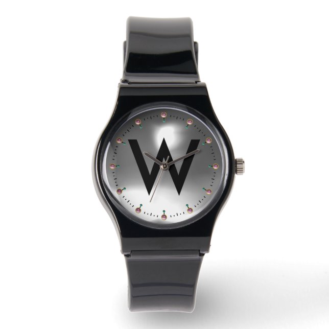 RELOJ DE PULSERA MONOGRAMA DE PIEDRA BLANCA NEGRA IMPRESA (Anverso)