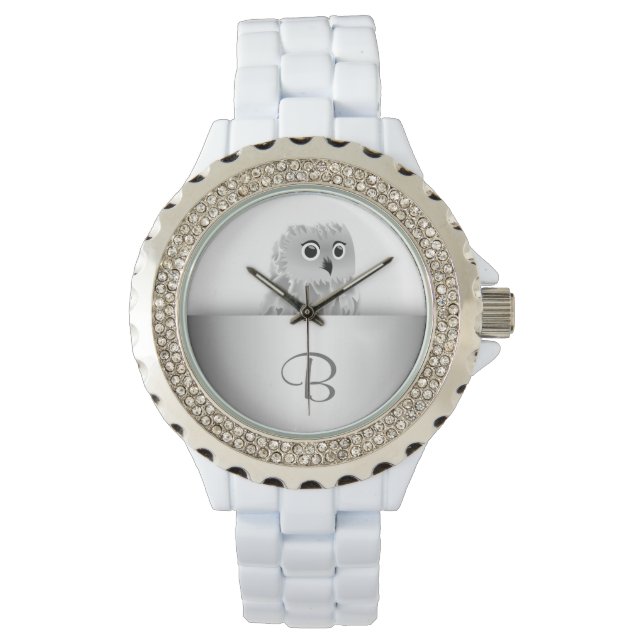 Reloj De Pulsera Monograma de plata animal de búho blanco (Anverso)