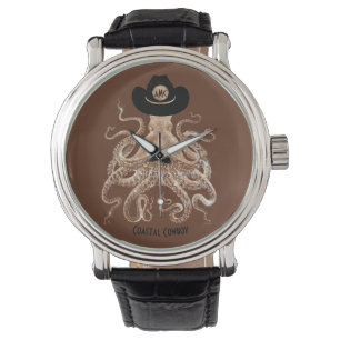 Reloj De Pulsera Monograma de plata marrón de vaca costera