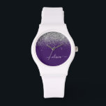 Reloj De Pulsera Monograma de Purpurina de color morado plateado Gi<br><div class="desc">Reloj de nombres de monograma con Purpurina de guion morado y plateado. Esto hace que la graduación perfecta, el cumpleaños, el boda, la ducha de novia, el aniversario, la ducha de bebé o la fiesta de soltera sea un regalo para alguien que ama el lujo glam y los estilos de...</div>