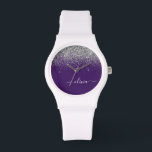 Reloj De Pulsera Monograma de Purpurina de color morado plateado Gi<br><div class="desc">Reloj de nombres de monograma con Purpurina de guion morado y plateado. Esto hace que la graduación perfecta, el cumpleaños, el boda, la ducha de novia, el aniversario, la ducha de bebé o la fiesta de soltera sea un regalo para alguien que ama el lujo glam y los estilos de...</div>