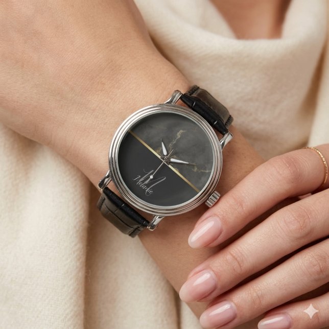 Reloj De Pulsera Monograma de purpurina dorado de mármol negro (Subido por el creador)