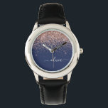 Reloj De Pulsera Monograma de Purpurina rosa Rubor Rosa azul de la<br><div class="desc">Azul marino y oro Rosa - Reloj de nombres de monograma del Purpurina de espuma rosada Rubor. Esto hace que el dulce perfecto cumpleaños 16, boda, ducha de novia, aniversario, ducha de bebé o fiesta de soltera sea regalo para alguien que ama el lujo glam y los estilos de moda....</div>