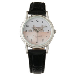 Reloj De Pulsera Monograma de Relieve metalizado dorado de gato de 