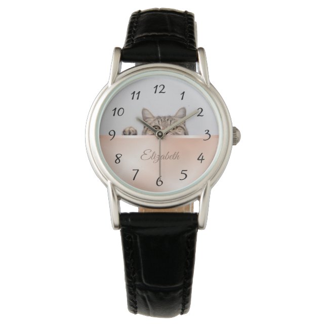 Reloj De Pulsera Monograma de Relieve metalizado dorado de gato de  (Anverso)