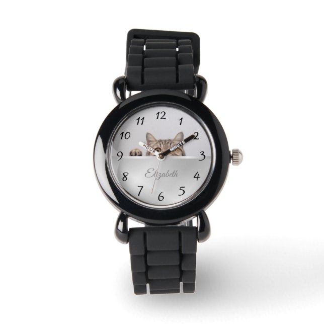 Reloj De Pulsera Monograma de Relieve metalizado plateado de gato d (Anverso)