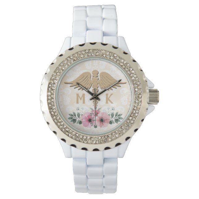 Reloj De Pulsera Monograma de Rubor floral y Médica dorado (Anverso)