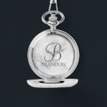 Reloj De Pulsera Monograma de script personalizado y cadena de nomb<br><div class="desc">El Monograma y Regalo de nombres personalizados incluye un monograma personalizado con estilo de fuente de escritura gris clásico y un nombre con estilo de fuente serif gris clásico sobre fondo de mármol blanco. Perfecto como regalo de vacaciones, favores de reunión familiar y para cualquier ocasión especial. Los detalles de...</div>