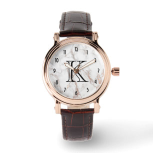 Reloj De Pulsera Monograma de textura de mármol blanco