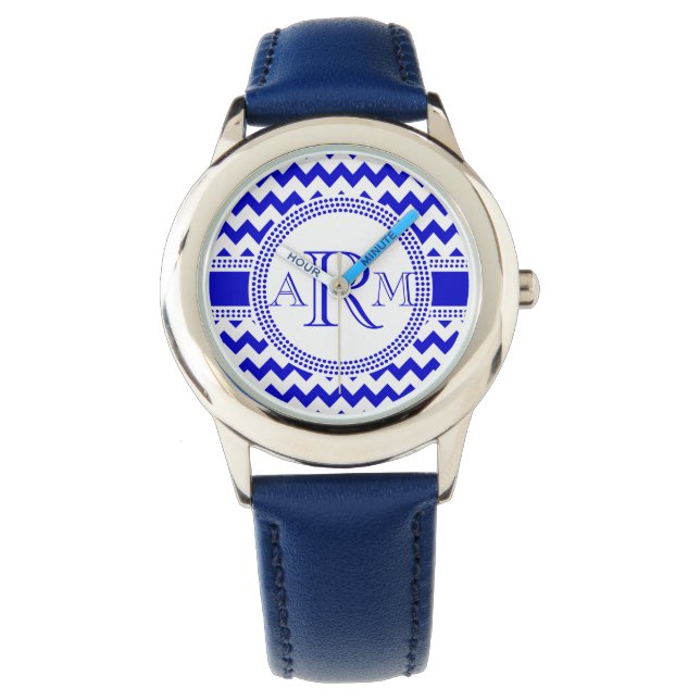 Reloj De Pulsera Monograma de ZigZag Chevron azul y blanco (Anverso)