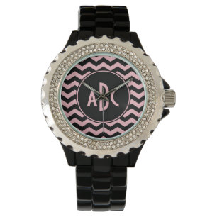 Reloj De Pulsera Monograma de zigzag negro y rosa