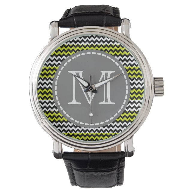 Reloj De Pulsera Monograma de zigzag verde negro (Anverso)