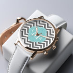 Reloj De Pulsera Monograma de zigzags grises y mint<br><div class="desc">El elegante diseño de relojes de moda presenta un moderno patrón de zigzags,  un elegante marco en forma de quatrefoil o trébol y un monograma de tres letras.</div>