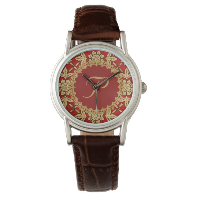 Reloj De Pulsera Monograma del Ornato Rojo y Oro (Anverso)