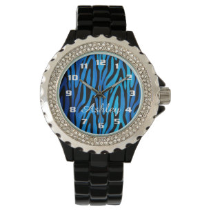 Reloj De Pulsera Monograma del patrón de cebra azul